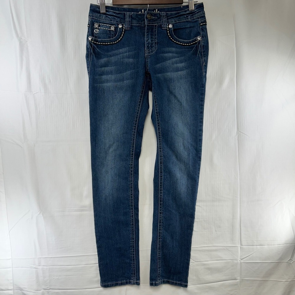 Clash Skinny Jeans Womens 7 Dark Blue Rhinestone Angel Wing Low Rise LP9185